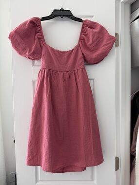 Girls' Puff Sleeve Square Neck Dress in Rose Pink